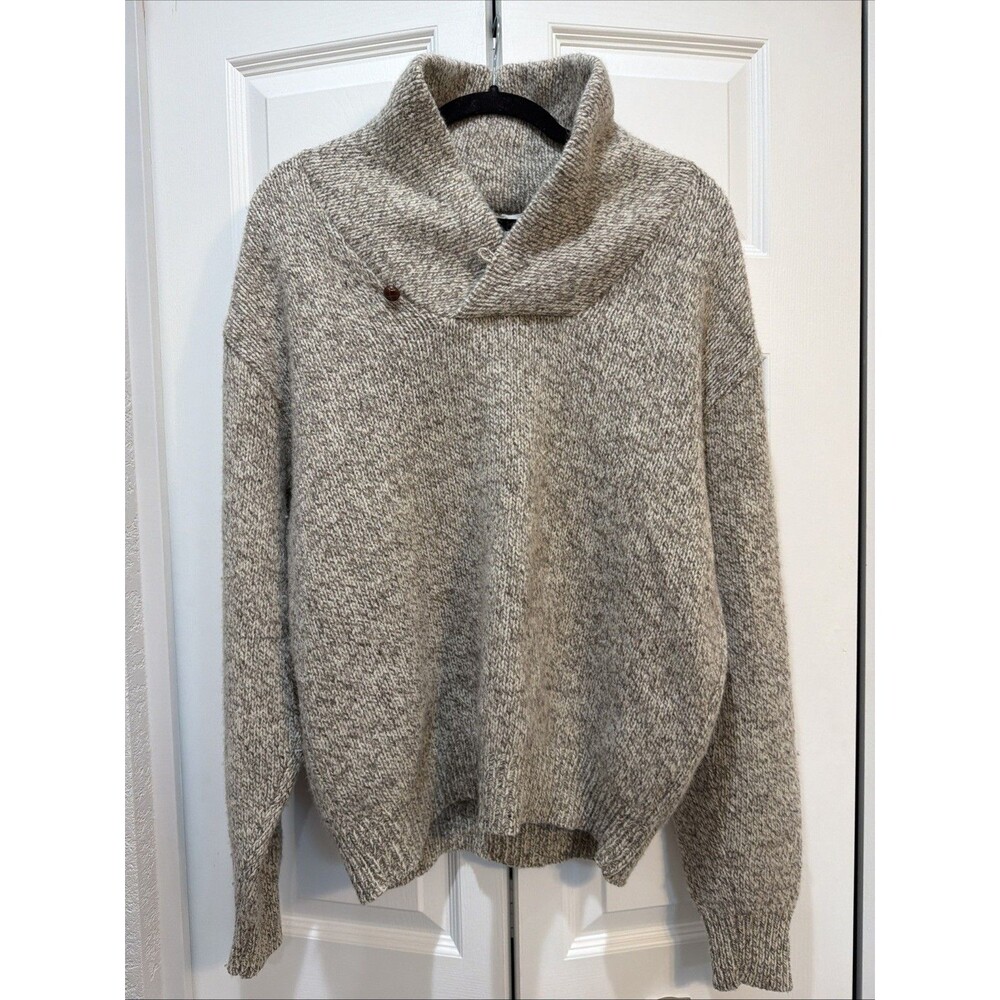 Vintage LL Bean Fisherman Sweater Large Oatmeal Cowl Neck Toggle Button Wool